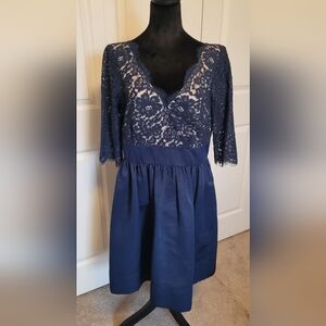 Eliza J Lace Fit and Flare Dress Faille Cocktail Party 3/4 Sleeve v neck Size 14